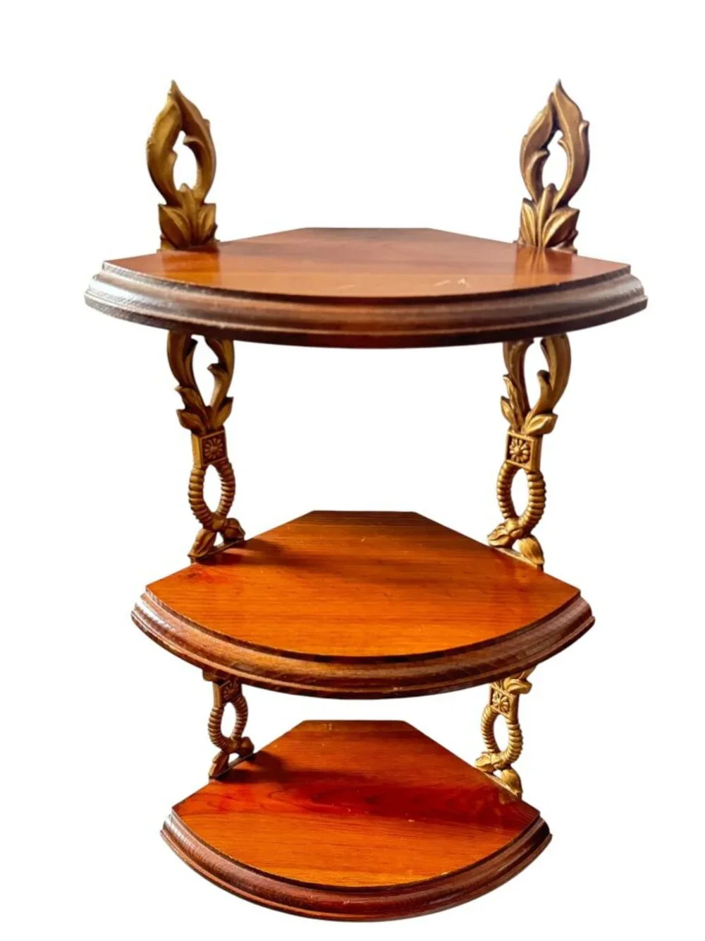 Vintage Sexton 3 Tier Wooden Wall Corner Shelf With Ornate Metal Brackets
